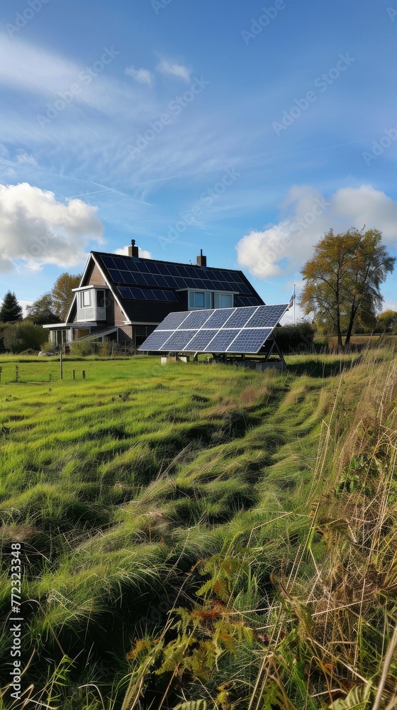 Obraz premium Rural House with Solar Panels on Sunny Day