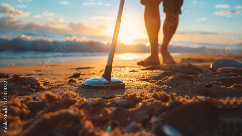 Close-up of a metal detector sweeping the sandy beach at sunrise, treasure hunting