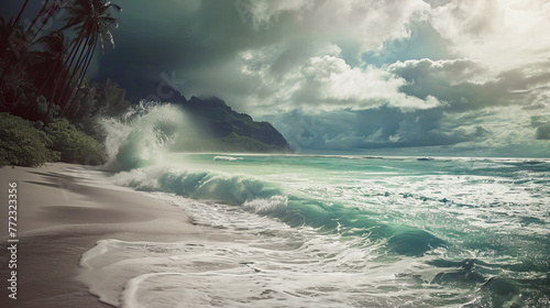 Praia com grandes ondas em um mar azul agitado, sob um céu repleto de nuvens carregadas de tempestade, demonstrando a beleza e a força da natureza