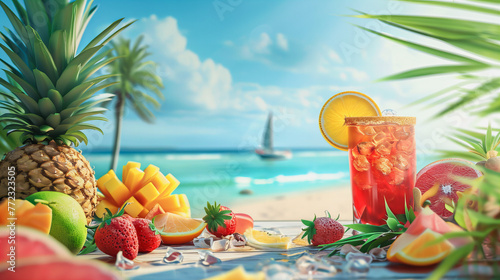 Um drinque de frutas tropicais arranjadas em composição com diversas frutas frescas, ao fundo um lindo mar com uma praia levemente desfocada,  photo