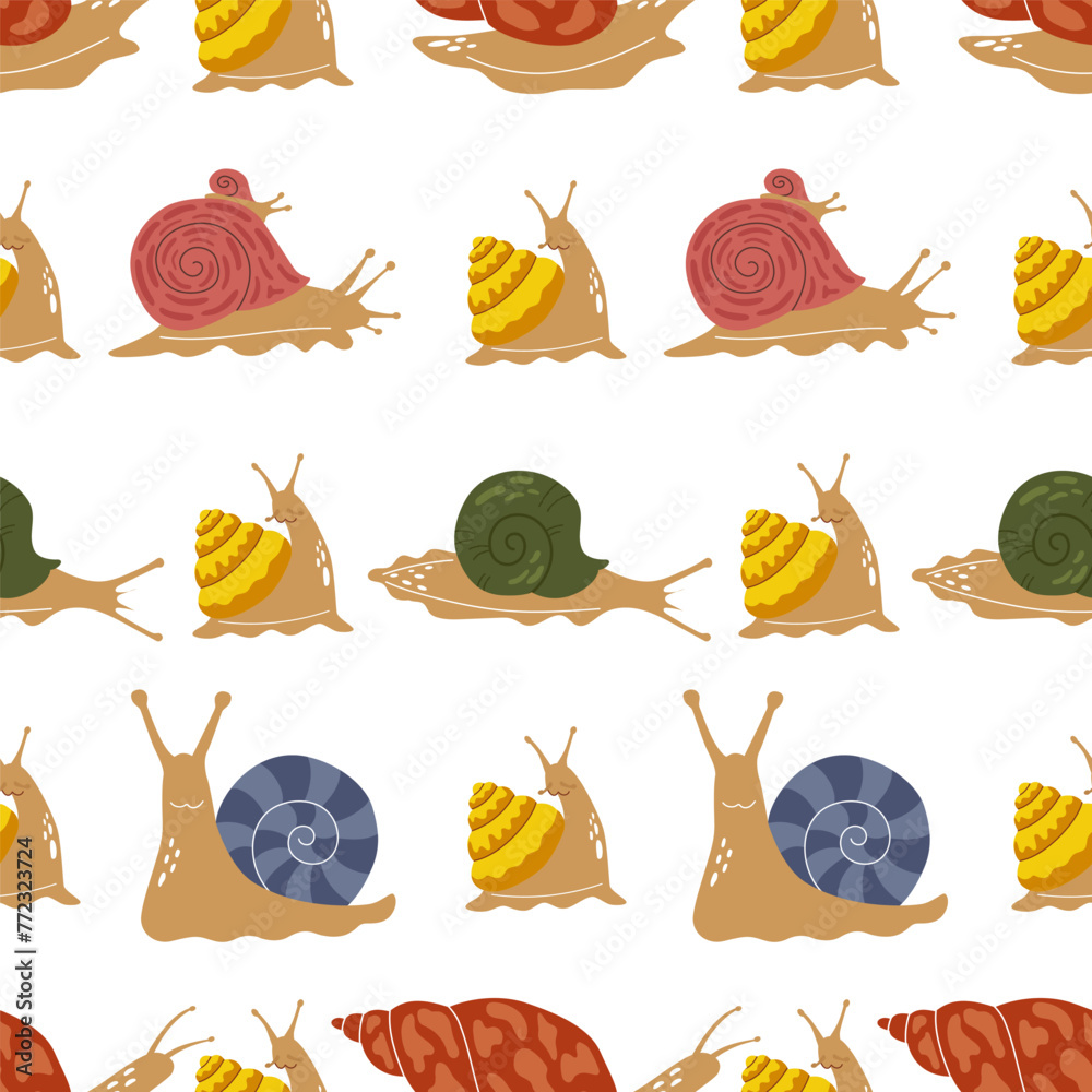 Seamless pattern of snails of different colors and shapes. Cute characters on white background. Beautiful trendy background for packaging, fabric, wallpaper.  - obrazy, fototapety, plakaty 