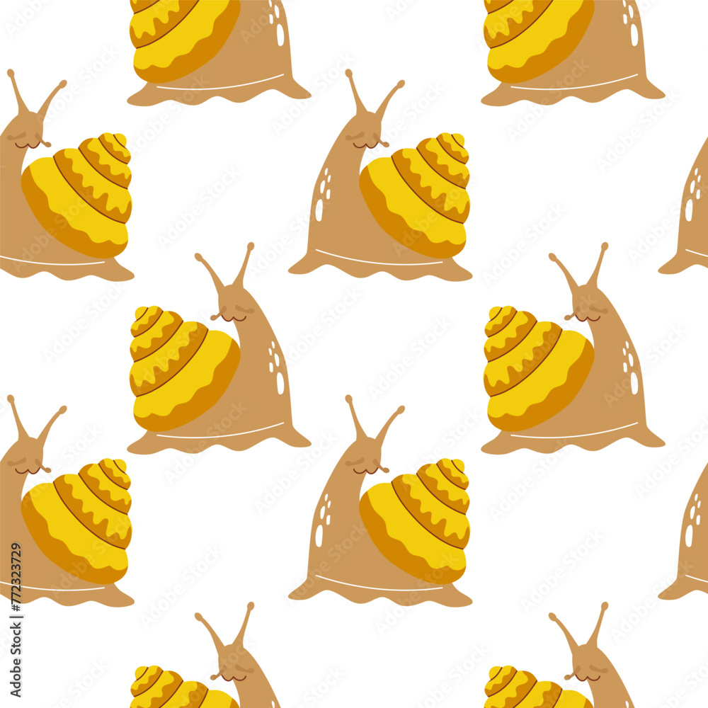 Seamless pattern of yellow snails. Cute characters on white background. Beautiful trendy background for packaging, fabric, wallpaper.  - obrazy, fototapety, plakaty 