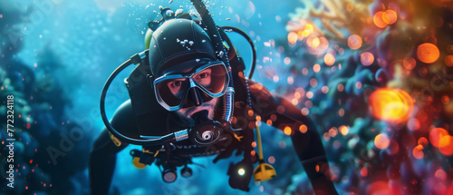 Professional diver with gear, underwater scene softly blurred