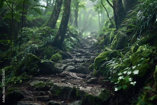 a path in the middle of a lush green forest © Kevin