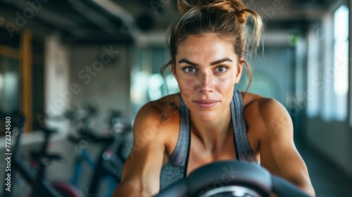 Woman Working Out on Stationary Exercise Bike