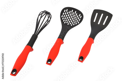 A set of red kitchen utensil on white background.