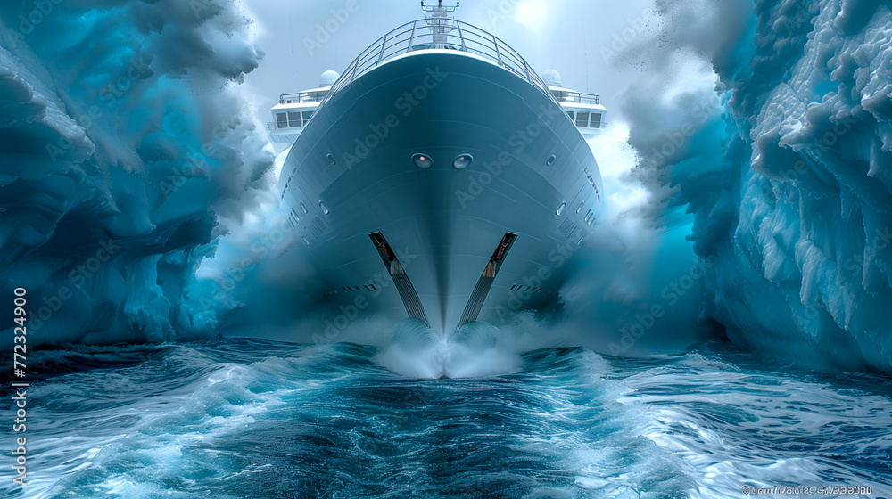 Storm in the North Sea. The ship makes its way among the raging waves and ice. - obrazy, fototapety, plakaty 