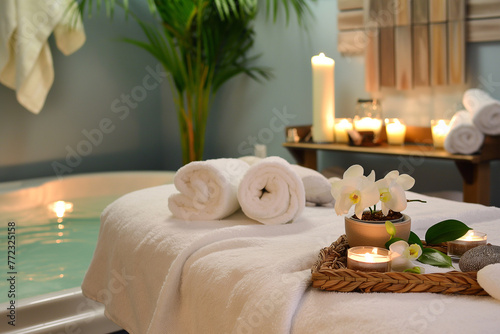 spa still life with aromatic candles, orchid flower and towels