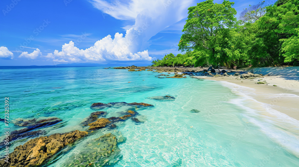 Um mar tranquilo e uma praia paradisíaca, com águas tênues e azuis, simplesmente arte natural