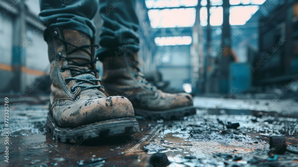 Steel-toe boots on gritty floor, warehouse scene blurred in the distance