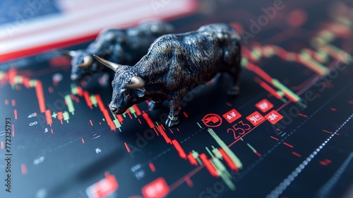 Bear and bull markets with financial trading charts, Amerca and China flags, global trade competition, market dominance, politics and economics illustration photo