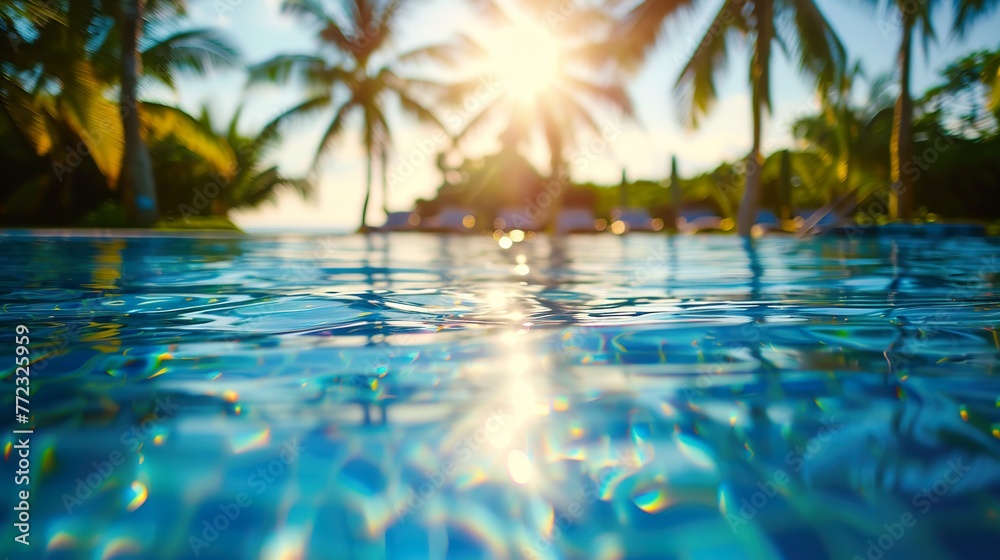 Swimming pool and palm trees at a seaside resort in the tropics. Summer vacation background