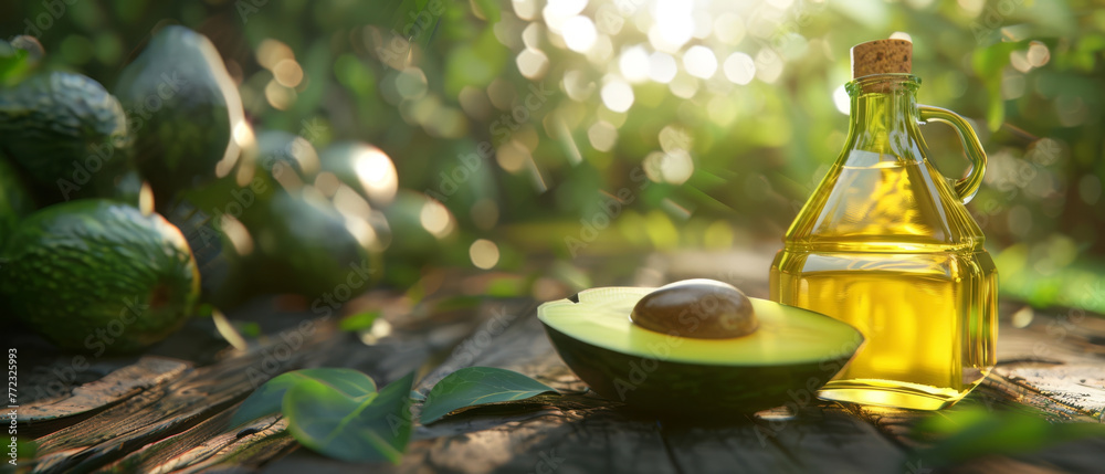 3D rendering of avocado oil richness, emphasizing skin nutrition, with an orchard blurred