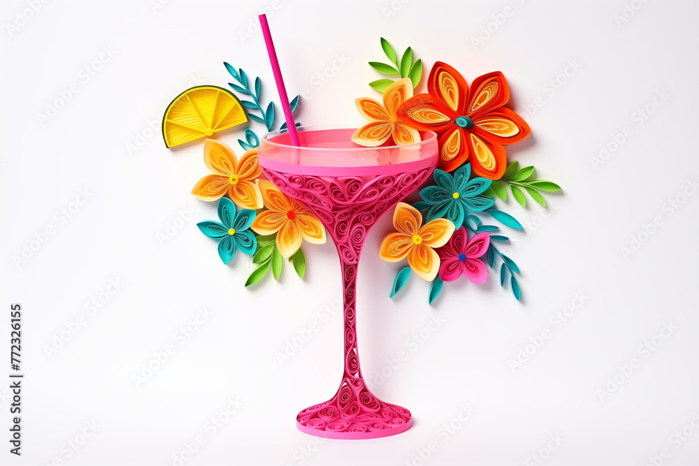Cocktail made of colorful paper, creative quilling technique. White background with copy space. Minimal concept of summer refreshment
