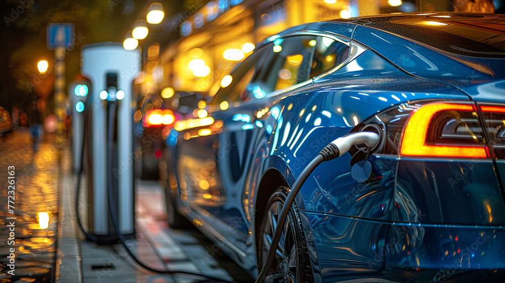 A blue electric car is charging at a station. A blue electric car is charging at a station.