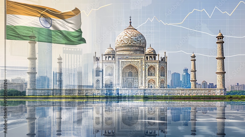 Obraz premium India business skyline with stock exchange trading chart double exposure with Taj Mahal and India flag, Asia trading stock market digital concept