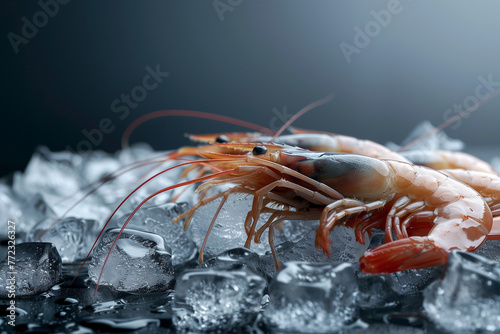 Fesh shrimp on ice. Food image. Generative AI. © pomiti