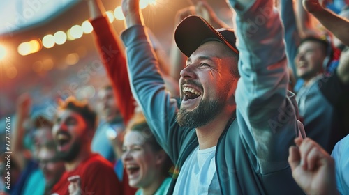 Crowd of sports fans cheering during a match in stadium. Excited people standing with their arms raised, clapping and yelling to encourage their team.