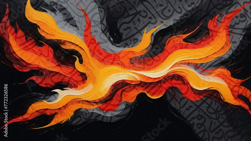 Arabic calligraphy wallpaper on a oil paint canvas with a black interlocking background subtitles "interlacing Arabic letters"