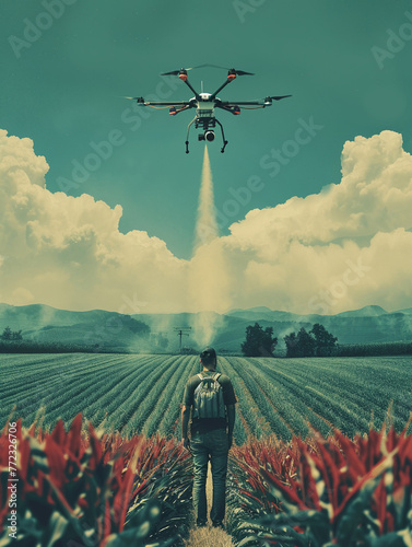 Farmer deploying drone for crop spraying, high-tech agriculture, precise and effective pest control