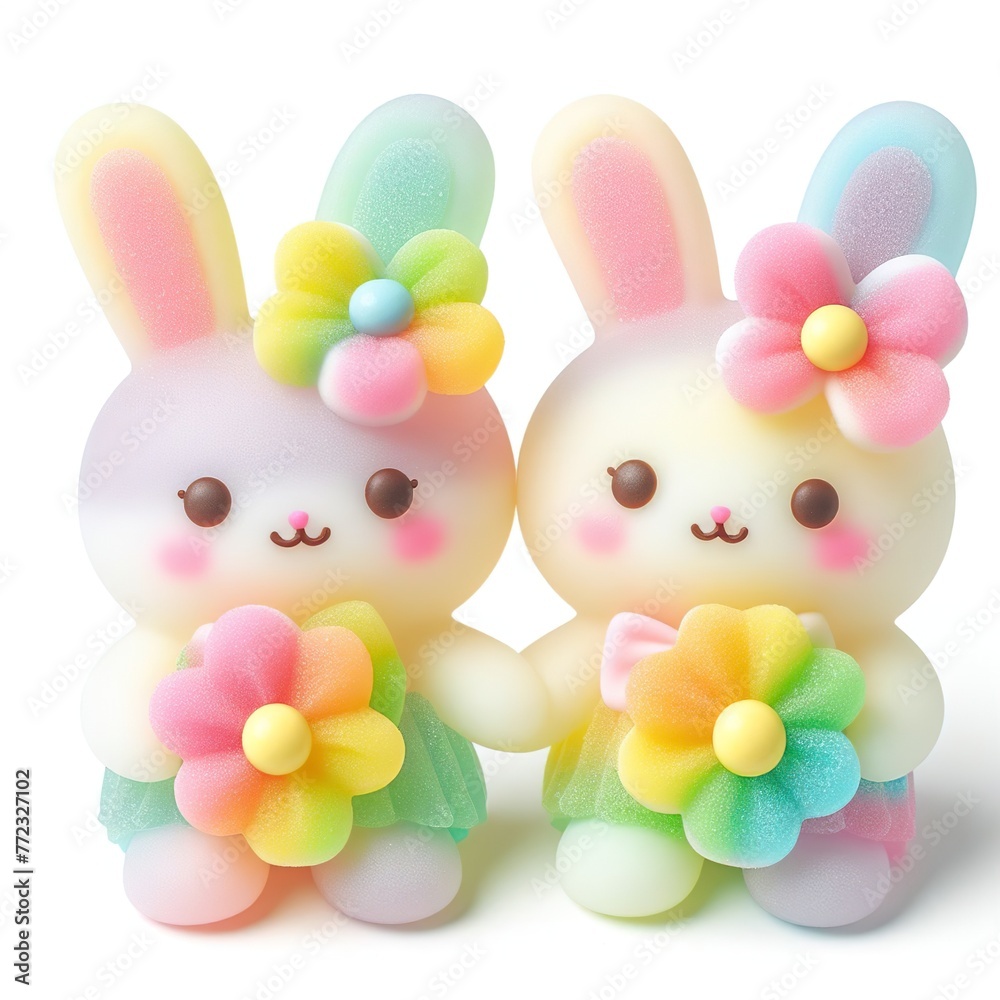 a cute couple bunny with flowers made of pastel color rainbow gummy candy on a white background