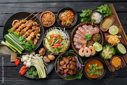 Top view of Thai foods with copy space for text. Food background. Generative AI. © pomiti