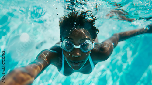 An African American girl is engaged in diving, dives underwater wearing underwater goggles in a pool or sea with clean transparent water
