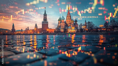 Moscow Russia Kremlin red square skyline with stock exchange trading chart double exposure, trading stock market digital concept 
