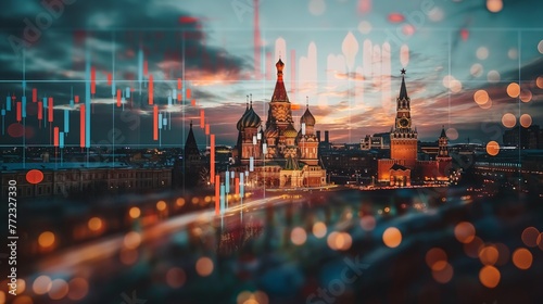 Moscow Russia Kremlin red square skyline with stock exchange trading chart double exposure, trading stock market digital concept	 photo