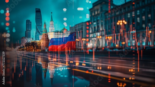 Moscow Russia Kremlin red square skyline with stock exchange trading chart double exposure with Russian flag, trading stock market digital concept 
