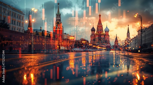 Moscow Russia Kremlin red square skyline with stock exchange trading chart double exposure with Russian flag, trading stock market digital concept 