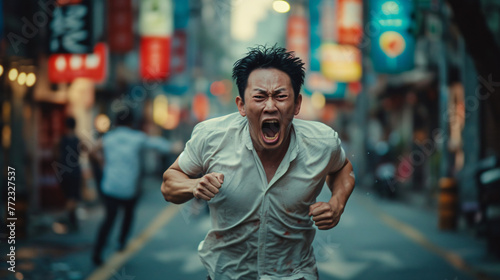 fearful asian man running and screaming 
