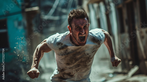 energetic angry man with dirty clothes running and screaming