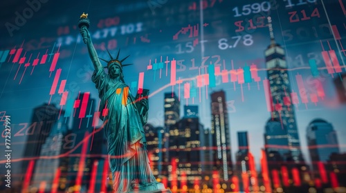 New York business skyline with stock exchange trading chart double exposure, Liberty Statue and American flag, trading stock market digital concept	
