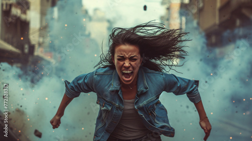 angry screaming woman running