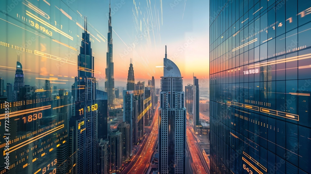 Dubai UAE business skyline with stock exchange trading chart double exposure with, middle east trading stock market digital concept	
 - obrazy, fototapety, plakaty 