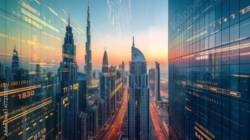 Dubai UAE business skyline with stock exchange trading chart double exposure with, middle east trading stock market digital concept	
 photo