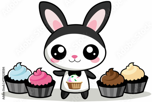 Cartoon easter Kawaii bunny with big eyes and long eyelashes as a cook and he cooking cupcake, silhouette black vector illustration photo