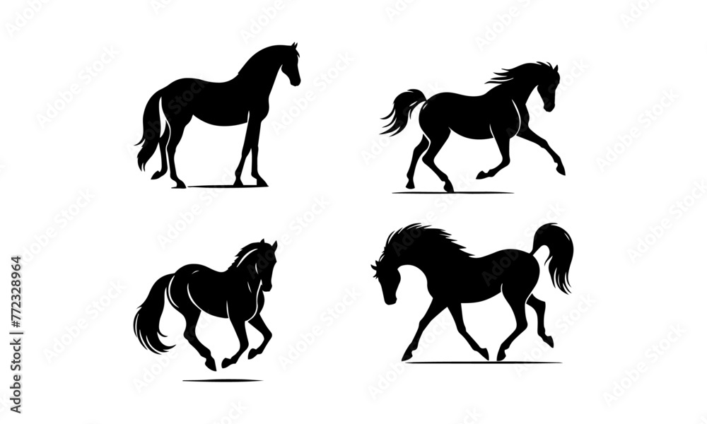 silhouettes set of horses , horse silhouettes in black and white 