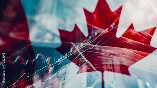 Canada business skyline with stock exchange trading chart double exposure with Canada flag, trading stock market digital concept	
