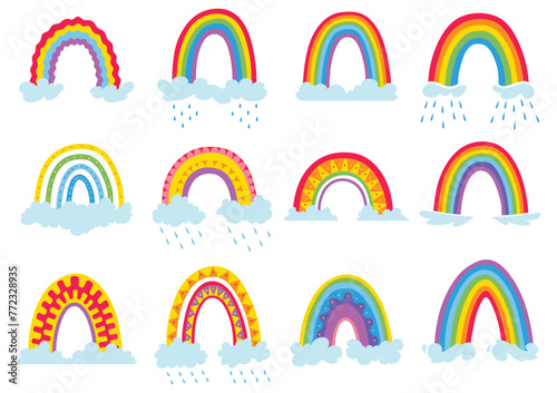 Cute cartoon rainbow set with drops and sky. Printable poster for kids. Design for decoration children room interior. Vector illustration isolated on white background
