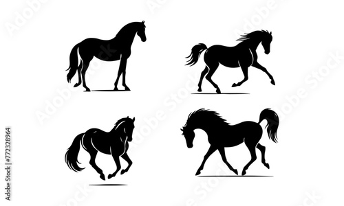 silhouettes set of horses   horse silhouettes in black and white 