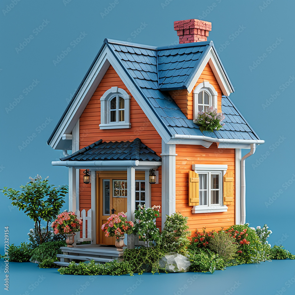 3D small house on blue background 3d illustration, generative ai