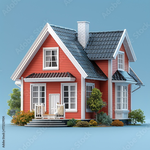 3D small house on blue background 3d illustration, generative ai