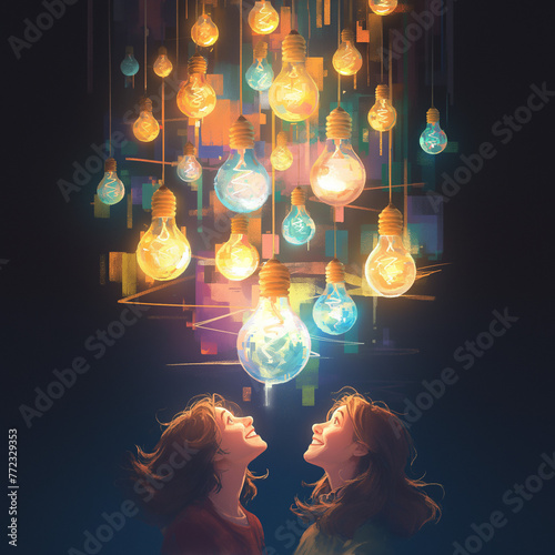 Vectors light bulbs ideas concept with three colorful light bulbs glowing in red blue and yellow hues symbolizing creativity and innovation vibrant light bulbs in primary colors casting reflections