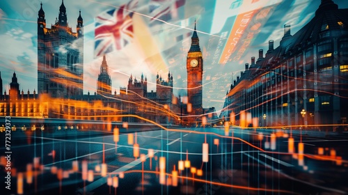 London UK business skyline with stock exchange trading chart double exposure with the British flag, trading stock market digital concept	
