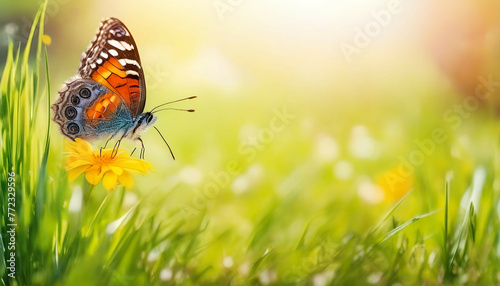 Beautiful colorful natural spring summer background with grass and a fluttering butterfly on a bright sunny day  soft focus  panoramic view.  