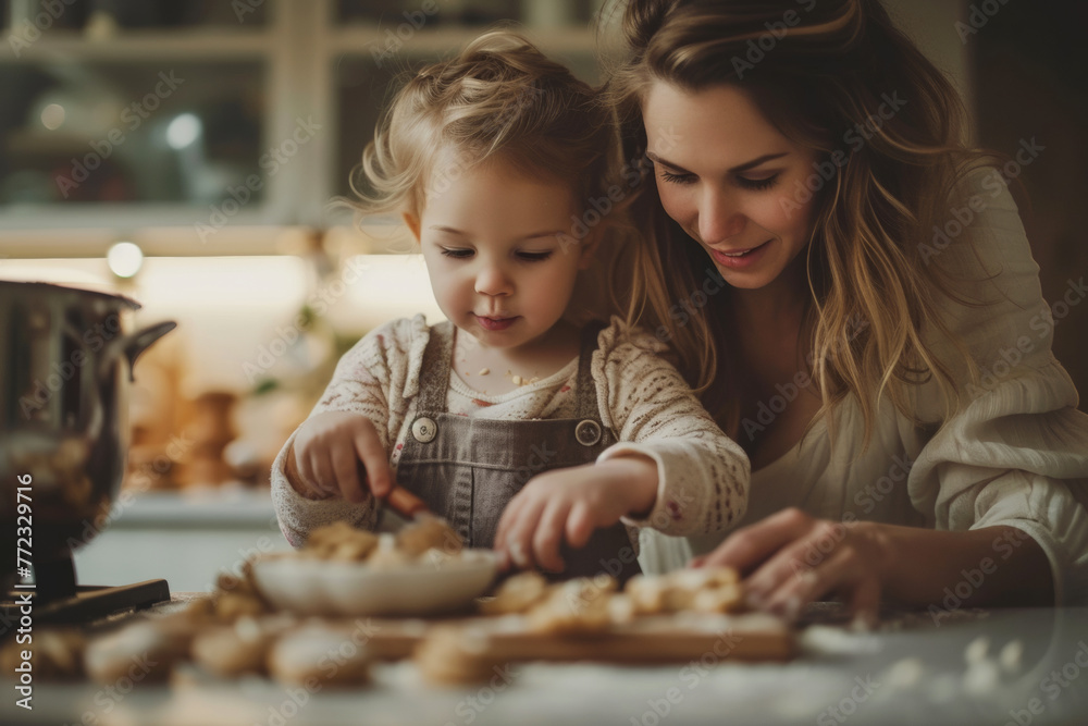 Warm kitchen scene of a mother and her young daughter baking cookies together, highlighting family activities