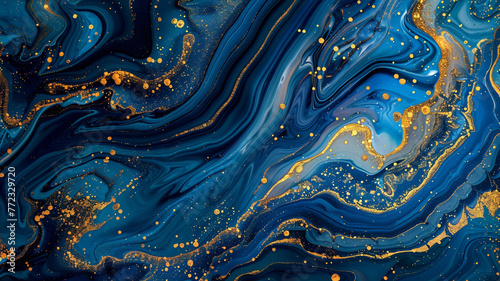 Splashes of blue and gold paint adorn an abstract liquid backdrop created digitally.