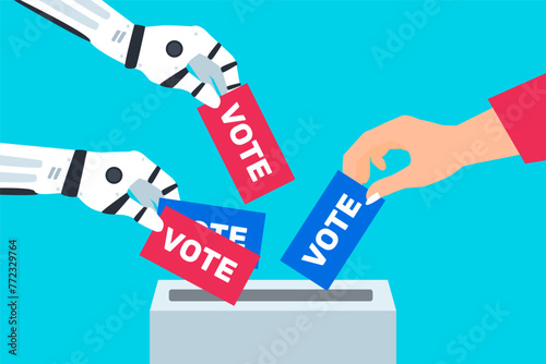 woman and robot hands put ballot papers bulletin  into voting box election campaign online vote vector illustration